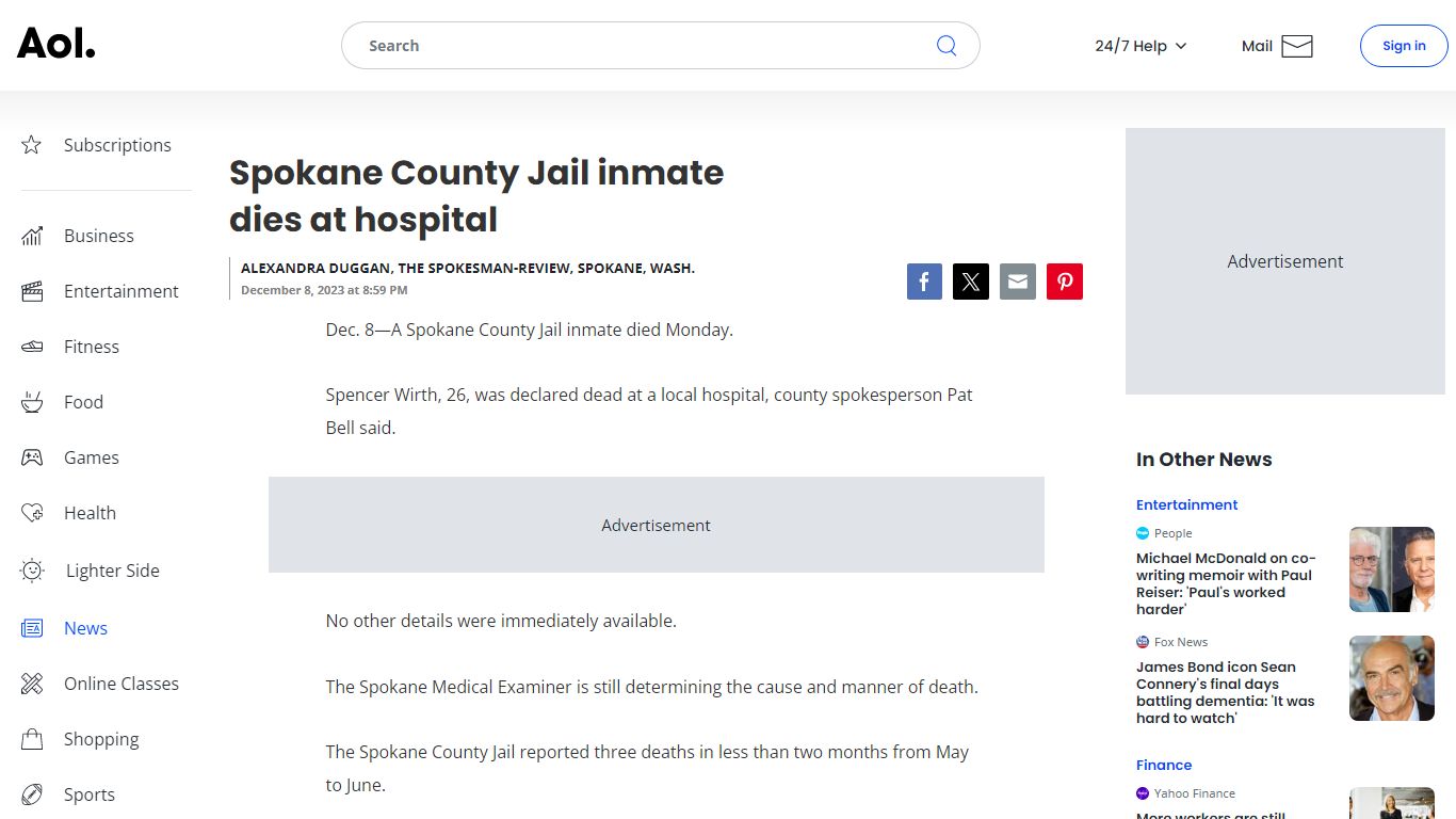 Spokane County Jail inmate dies at hospital - AOL